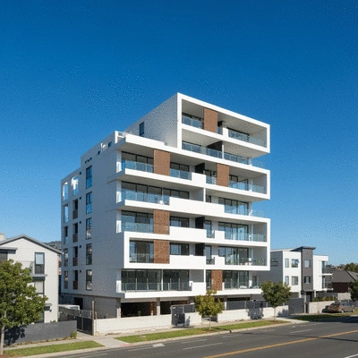 Modern apartment building under construction in a vibrant Melbourne suburb, bright sunny day