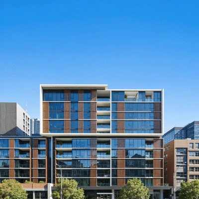 Modern off-the-plan apartment building facade in Melbourne, sunny day, clear blue sky