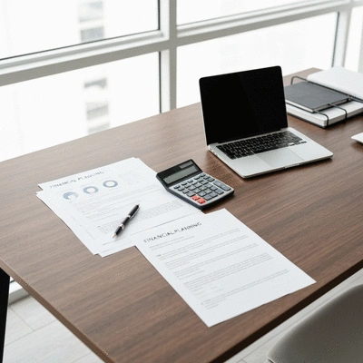 Financial planning documents spread on a modern wooden desk with a laptop and calculator, bright office setting