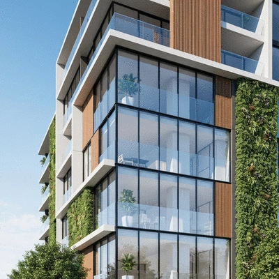 Modern architectural rendering of a Melbourne suburban apartment complex with green landscaping