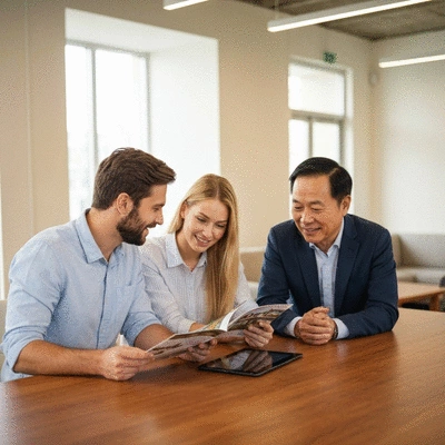 First home buyers discussing property options with an agent