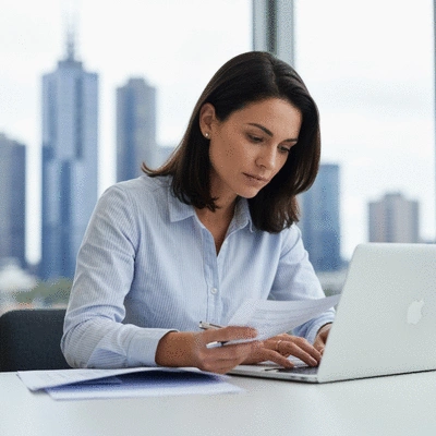 First-time property investor reviewing documents and laptop, planning investment strategy in Melbourne, Australia, with city skyline in background.