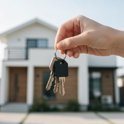 First home buyer holding keys in front of a new modern house