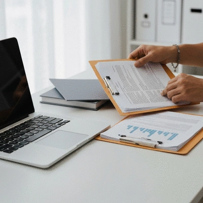 Person organizing rental application documents on a clean desk