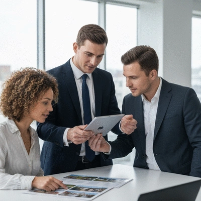 Real estate agents consulting with a couple in a modern office, showing property listings on a tablet, representing professional advice for property investors, no text, no words, no typography, 8K