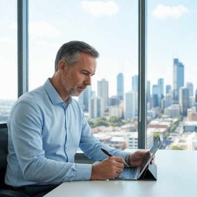 Professional real estate investor analyzing Melbourne property data on a tablet, with city skyline in background