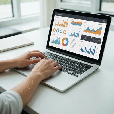 Person analyzing real estate data on a laptop, with charts and graphs