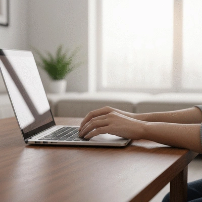Person using a laptop to research rental properties in a bright living room