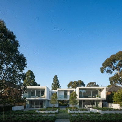 Modern residential architecture in a leafy Melbourne suburb with blue sky