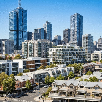 Modern Melbourne cityscape with diverse housing, representing growth and investment opportunities