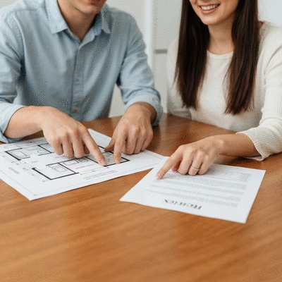 Close up of a couple looking at a house blueprint and financial documents on a wooden table, warm natural lighting
