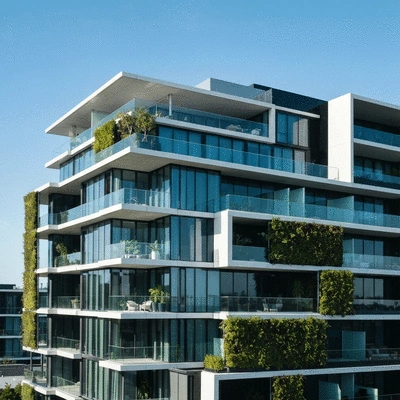 Modern luxury apartment building in Melbourne with green landscaping