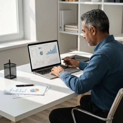 Professional investor reviewing real estate data on a laptop and printed charts