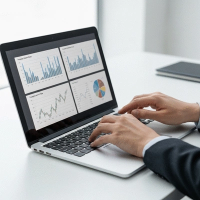 Professional investor reviewing property market data charts on a laptop screen