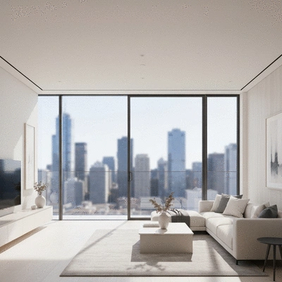 Modern apartment living room with a view of Melbourne city skyline through large windows