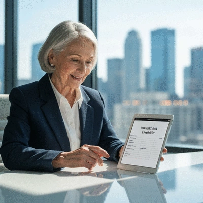 Person reviewing investment checklist on a modern tablet with city skyline in background