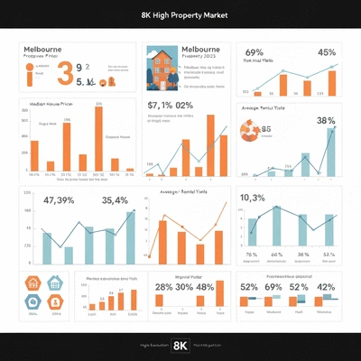 Modern infographic displaying Melbourne property market trends and statistics for 2025