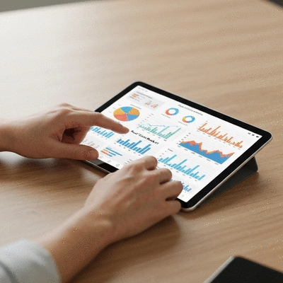 Professional investor reviewing real estate data on a tablet in a bright office