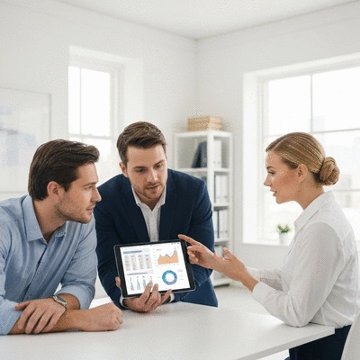 Professional real estate agent showing property data to a young couple on a tablet