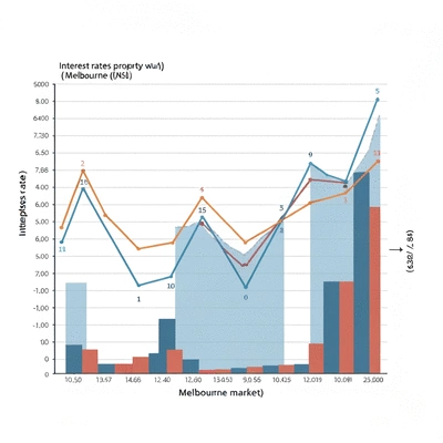 Modern financial chart showing decreasing interest rates and increasing property values in Melbourne, no text, no words, no typography