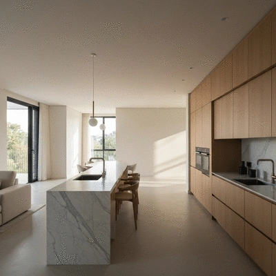 Interior view of a modern bright kitchen with high-end finishes and stone countertops