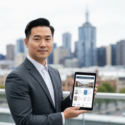Professional holding a tablet displaying a property market report with Melbourne cityscape in the background, no text, no words, no typography, clean image