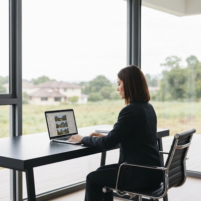 Professional investor reviewing property data on a laptop in a bright office