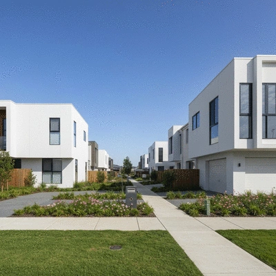 Modern residential street in a developing Melbourne suburb with green spaces