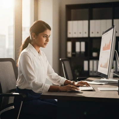 Professional property investor reviewing financial documents on a laptop