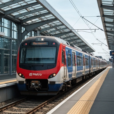 Melbourne public transport train arriving at a clean modern station platform