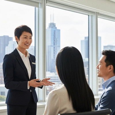 Professional real estate agent consulting with a couple about property investment in Melbourne, no text, no words, no typography