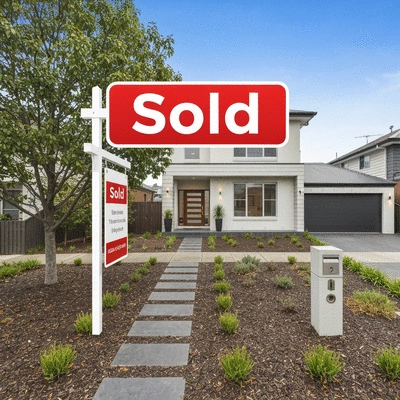 Modern suburban home with 'Sold' sign in Melbourne, representing rising property prices and demand for suburban living, no text, no words, no typography, 8K