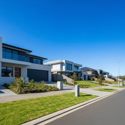 Modern residential street in a Melbourne suburb with contemporary houses and clean landscaping